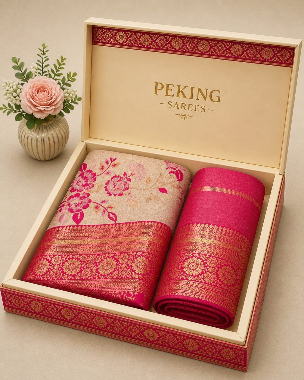 Elegant Floral Banarasi Silk Saree with Rich Zari Border &amp; Pallu - PINK