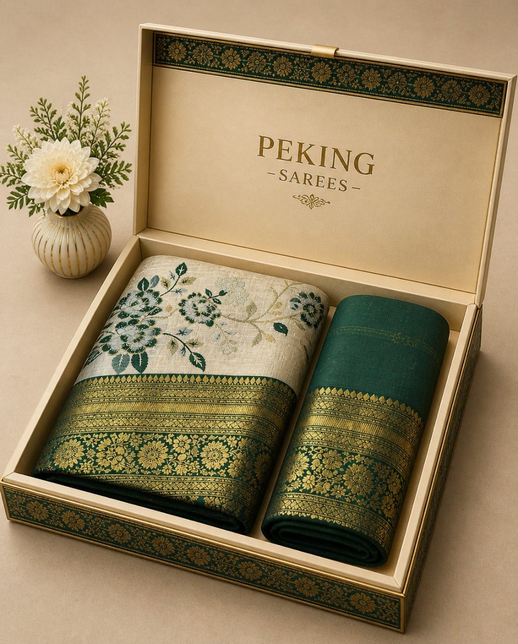 Elegant Floral Banarasi Silk Saree with Rich Zari Border &amp; Pallu - GREEN
