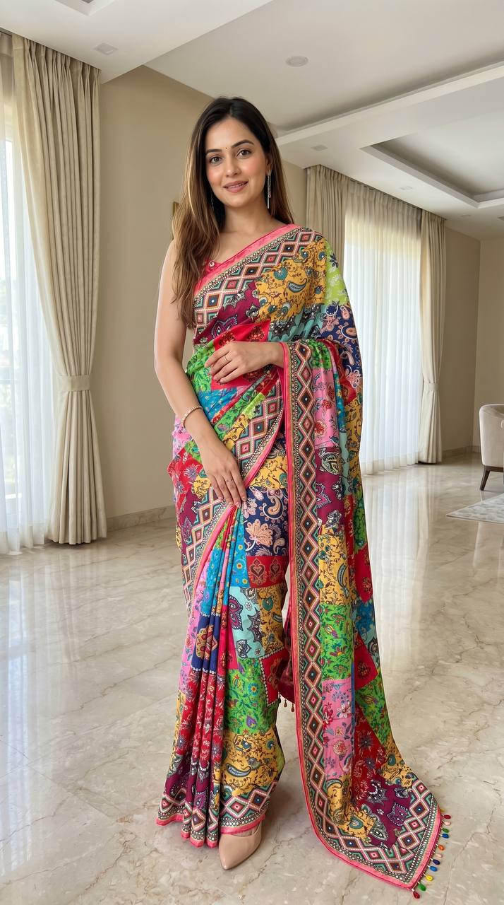 Rangriti Mosaic Digital Print Saree with Designer Border &amp; Tassels