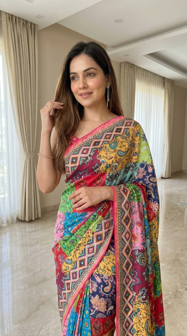 Rangriti Mosaic Digital Print Saree with Designer Border &amp; Tassels