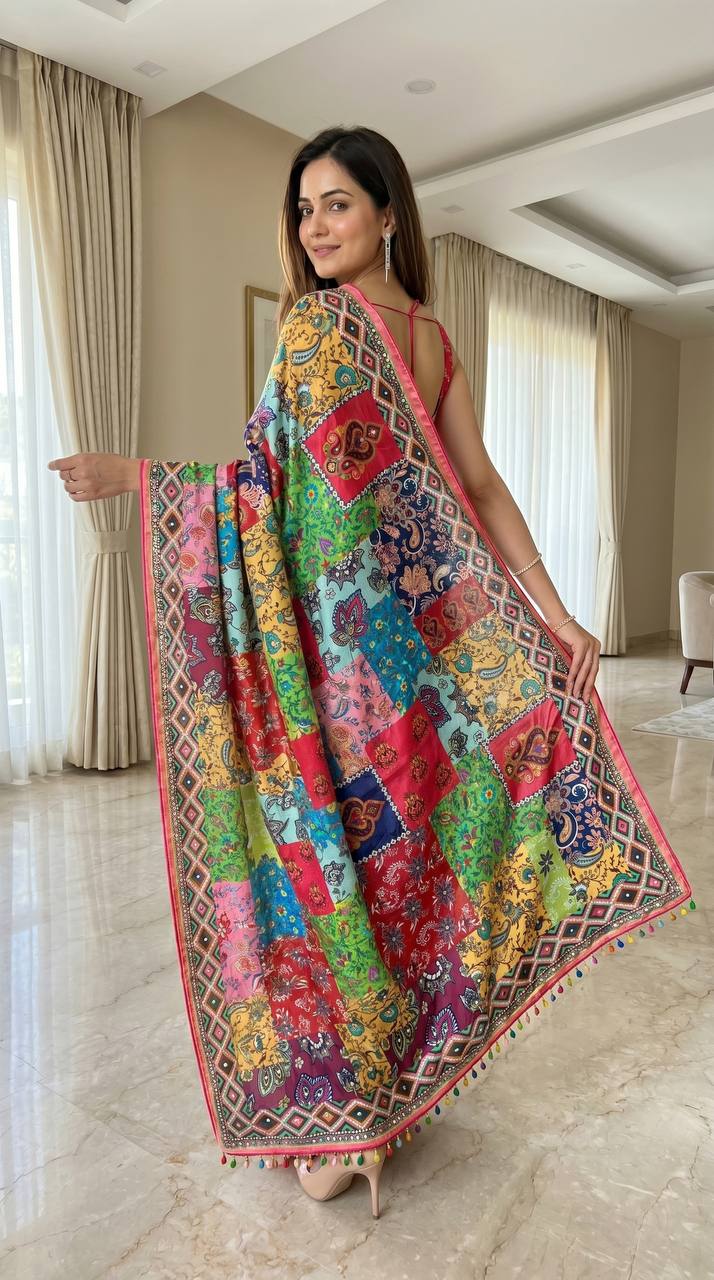 Rangriti Mosaic Digital Print Saree with Designer Border &amp; Tassels