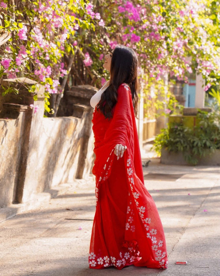 Radiant Red Floral Organza Saree with White Blossom Border