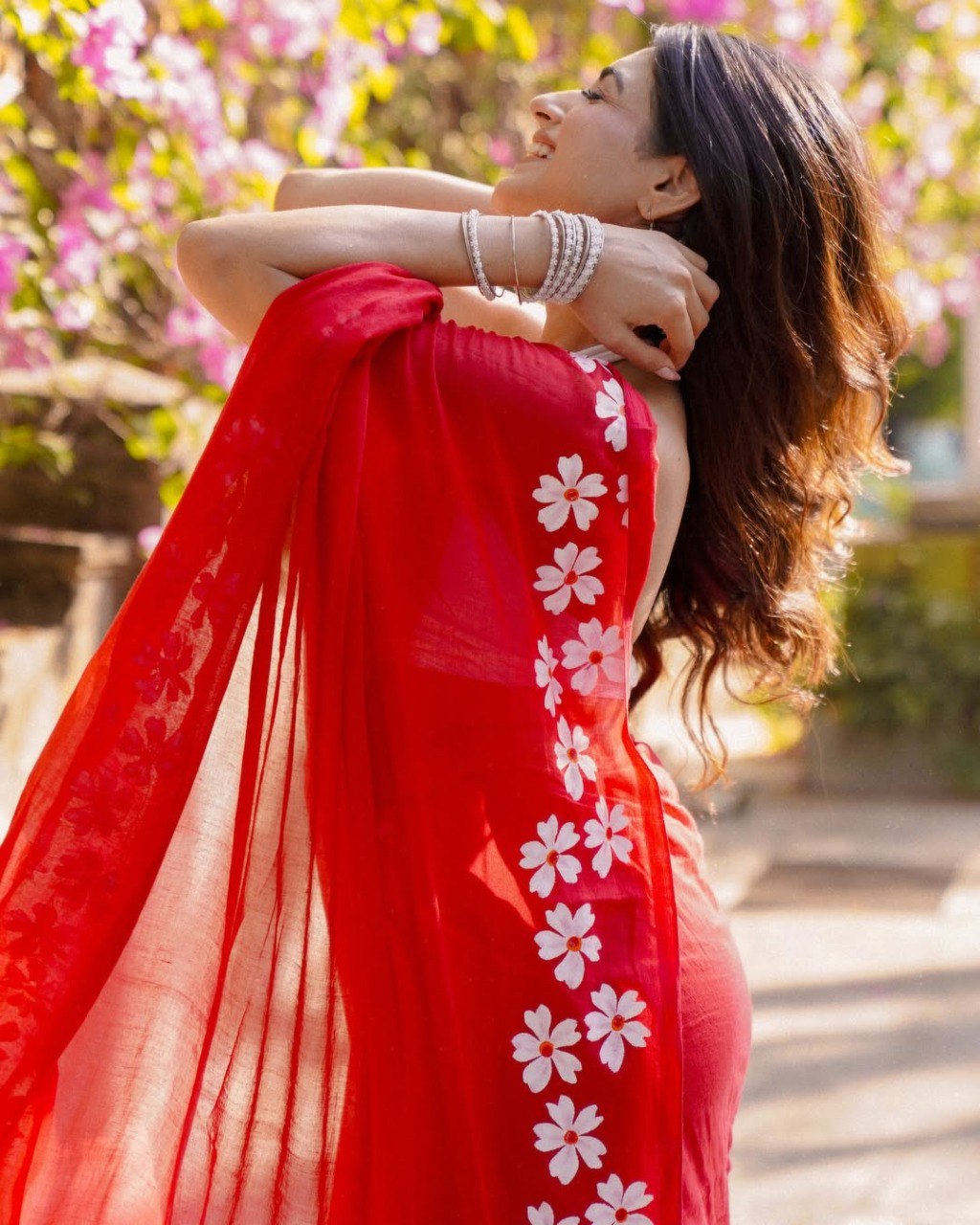 Radiant Red Floral Organza Saree with White Blossom Border
