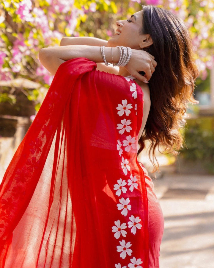 Radiant Red Floral Organza Saree with White Blossom Border