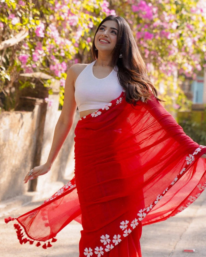 Radiant Red Floral Organza Saree with White Blossom Border