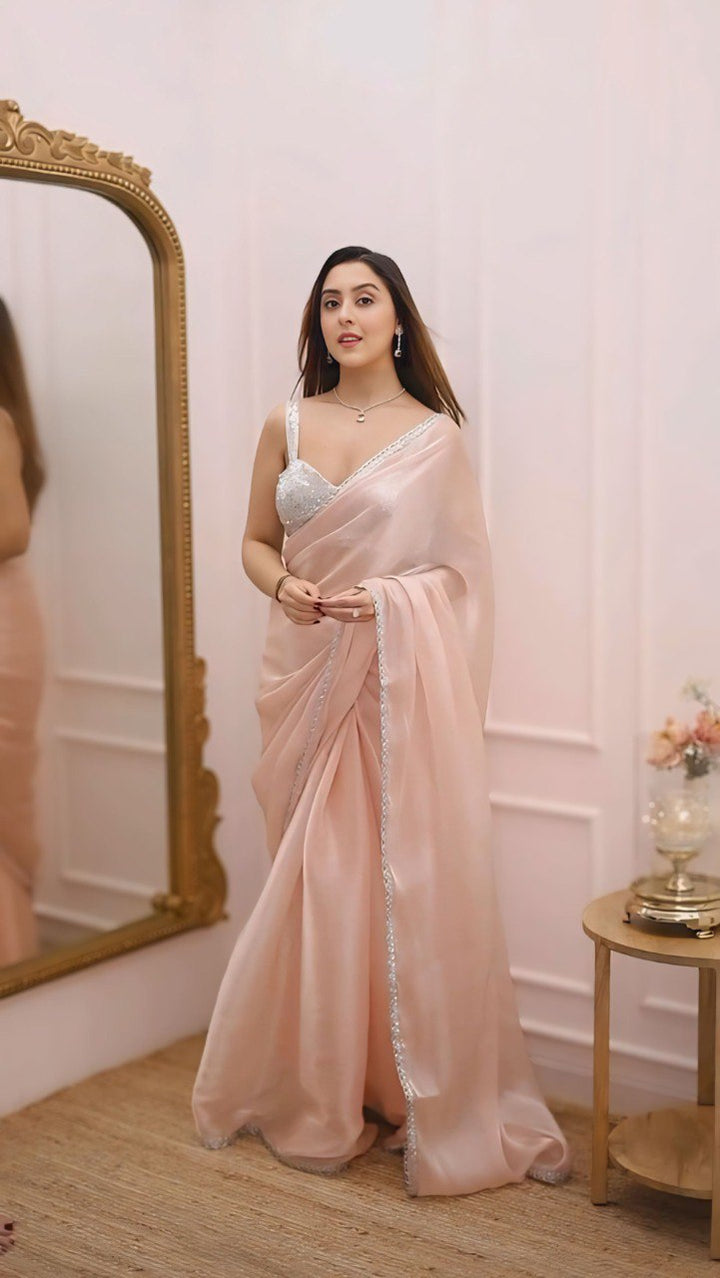 Blush Elegance Organza Saree with Sequined Border