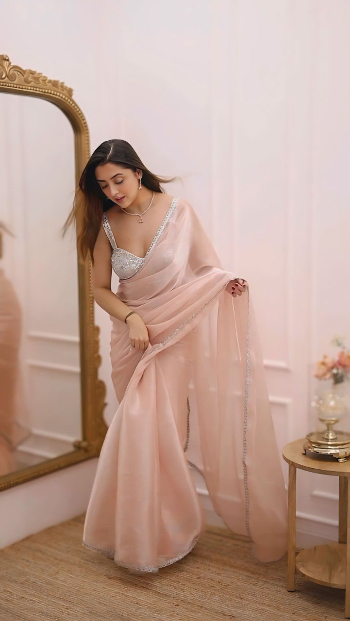 Blush Elegance Organza Saree with Sequined Border