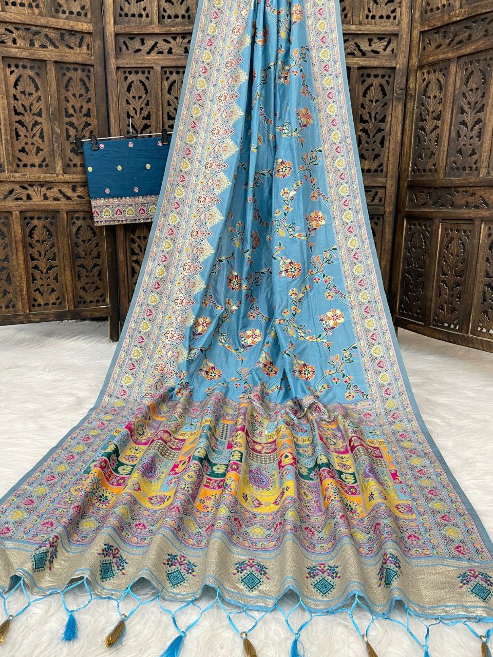 Traditional multicolor Patola-inspired pallu and border  SKY BLUE