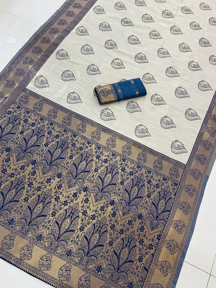 Classic Ivory Saree with Woven Zari Pallu - BLUE