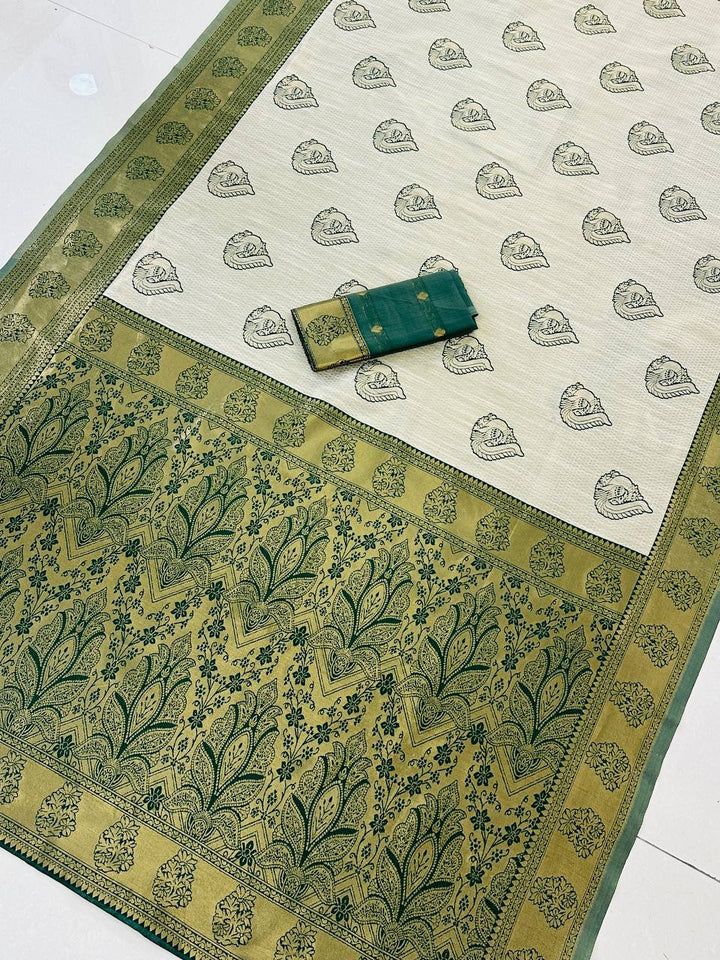 Classic Ivory Saree with Woven Zari Pallu - GREEN