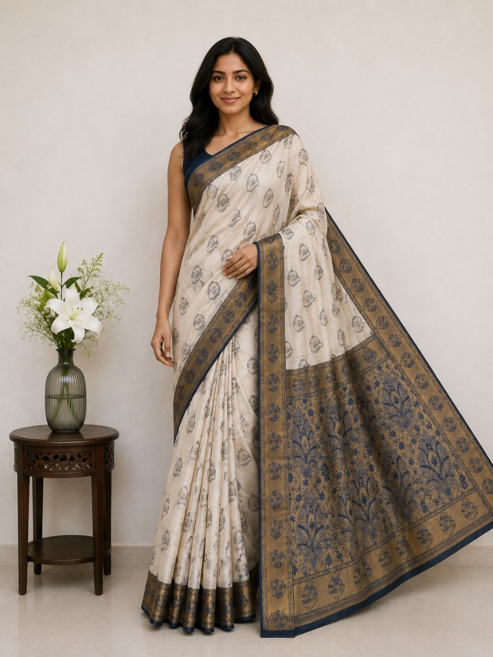 Classic Ivory Saree with Woven Zari Pallu - BLUE