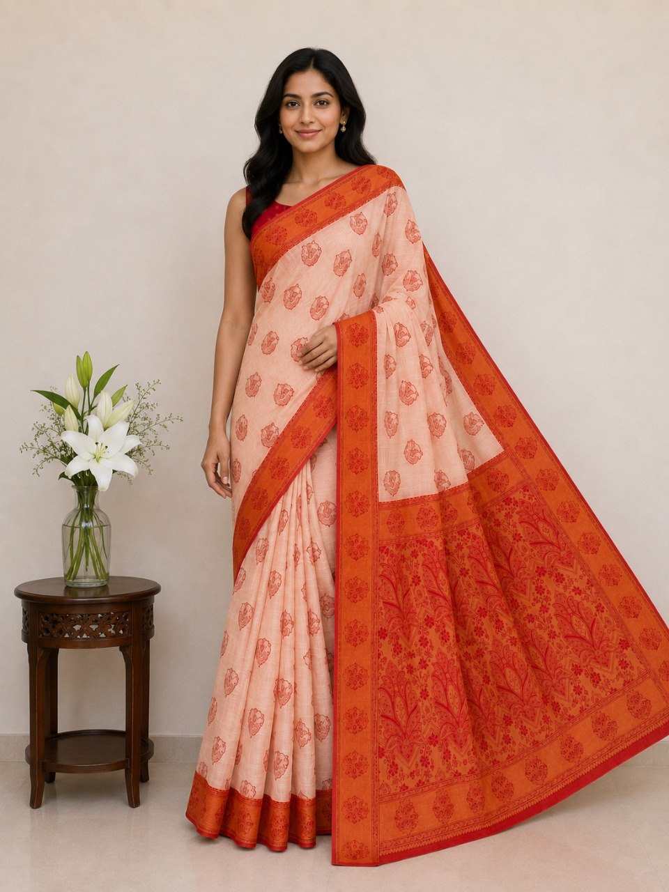 Classic Ivory Saree with  Woven Zari Pallu - ORANGE