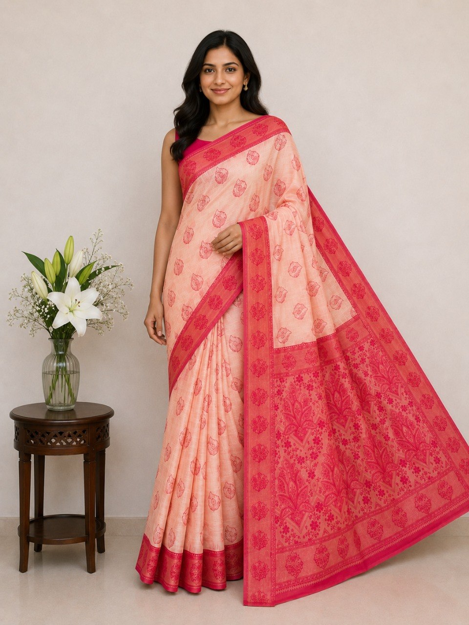 Classic Ivory Saree with Woven Zari Pallu - PINK