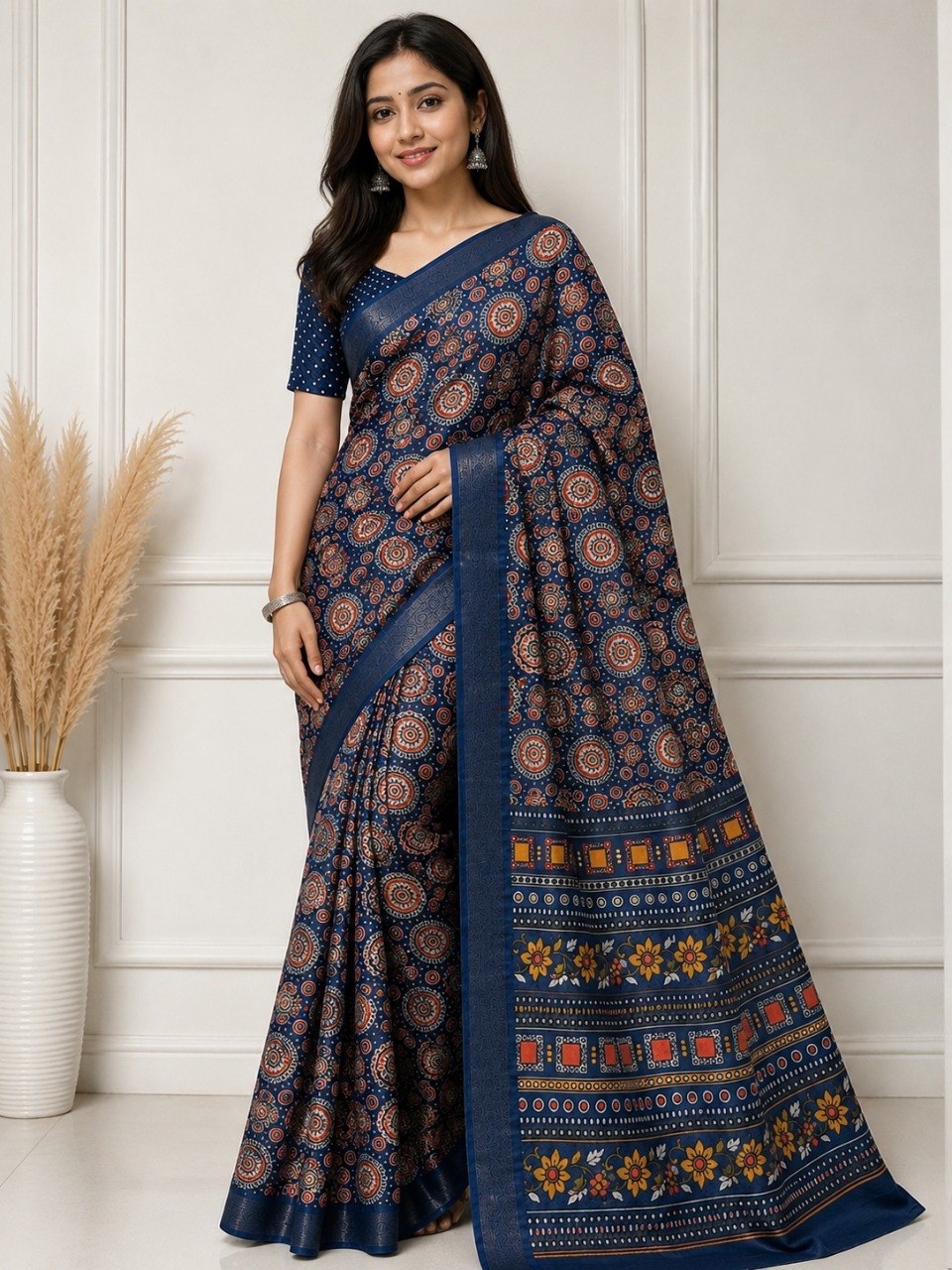 Royal Mandala Premium Silk Blend Saree with Elegant Zari Border -NAVY BULE