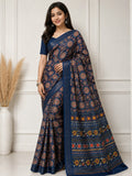 Royal Mandala Premium Silk Blend Saree with Elegant Zari Border -NAVY BULE