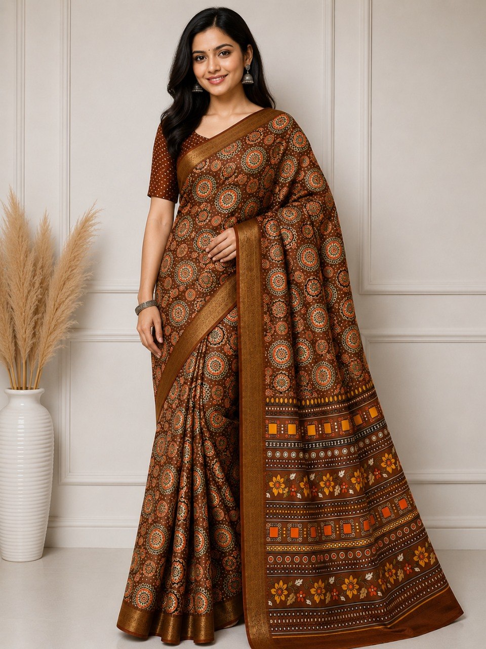Royal Mandala Premium Silk Blend Saree with Elegant Zari Border - COFFICE