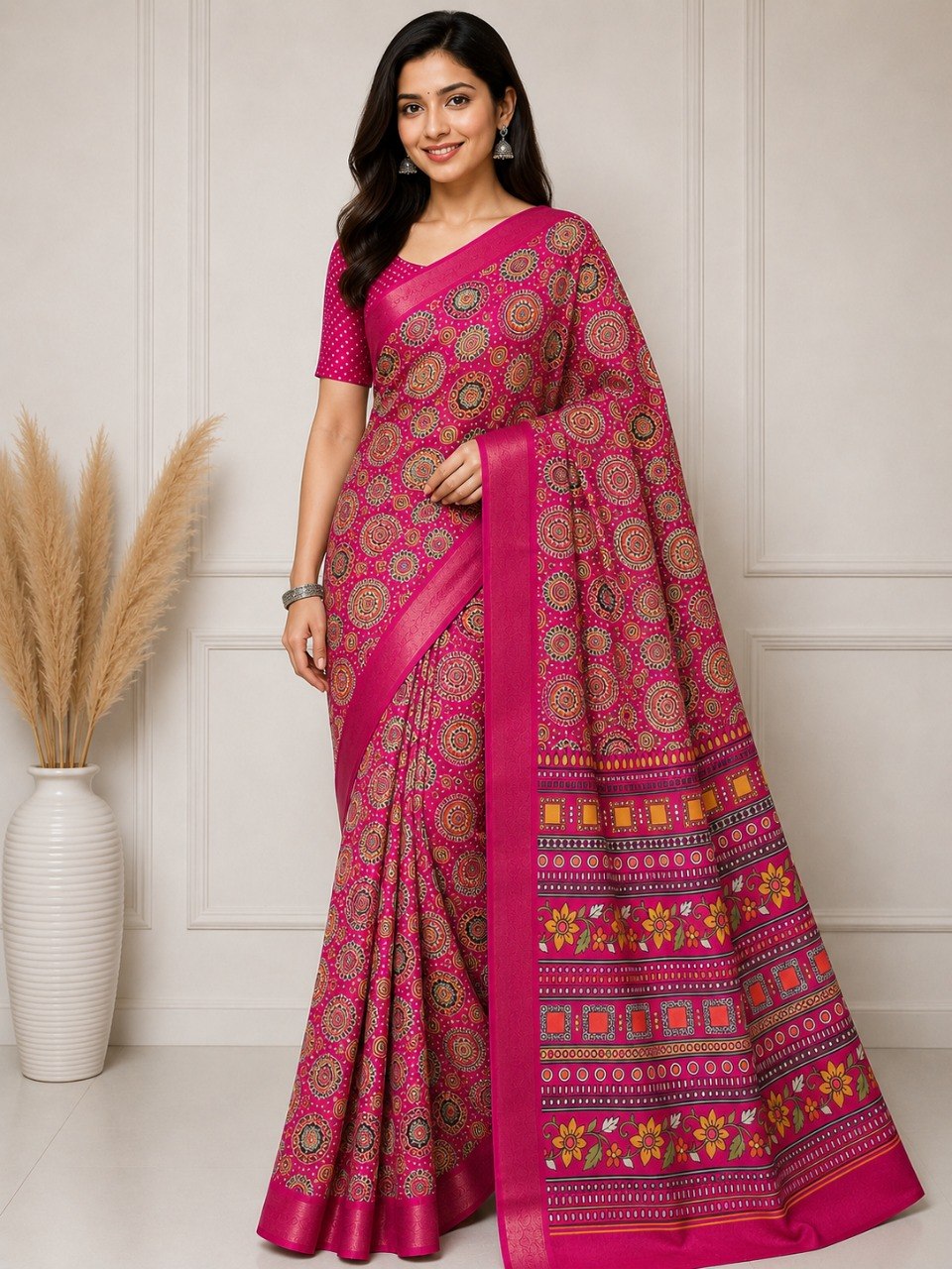 Royal Mandala Premium Silk Blend Saree with Elegant Zari Border - PINK