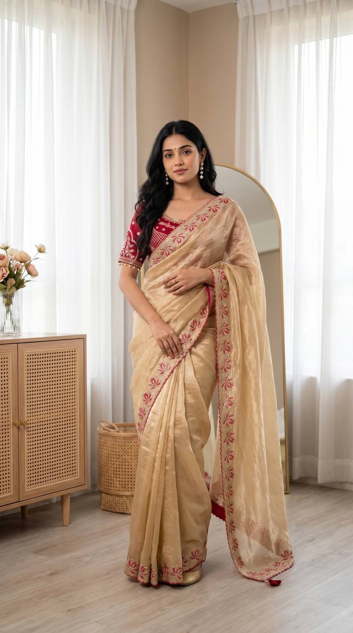 Royal Golden Tissue Silk Saree with Intricate Embroidered Border