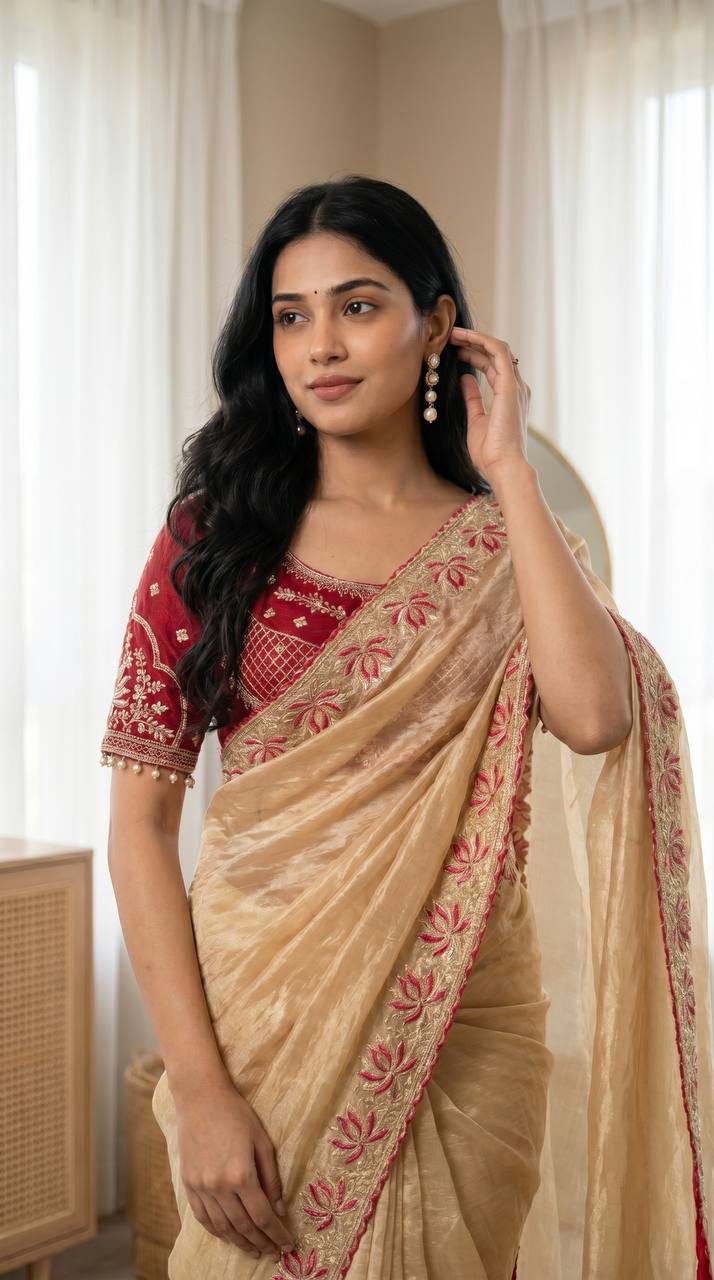 Royal Golden Tissue Silk Saree with Intricate Embroidered Border