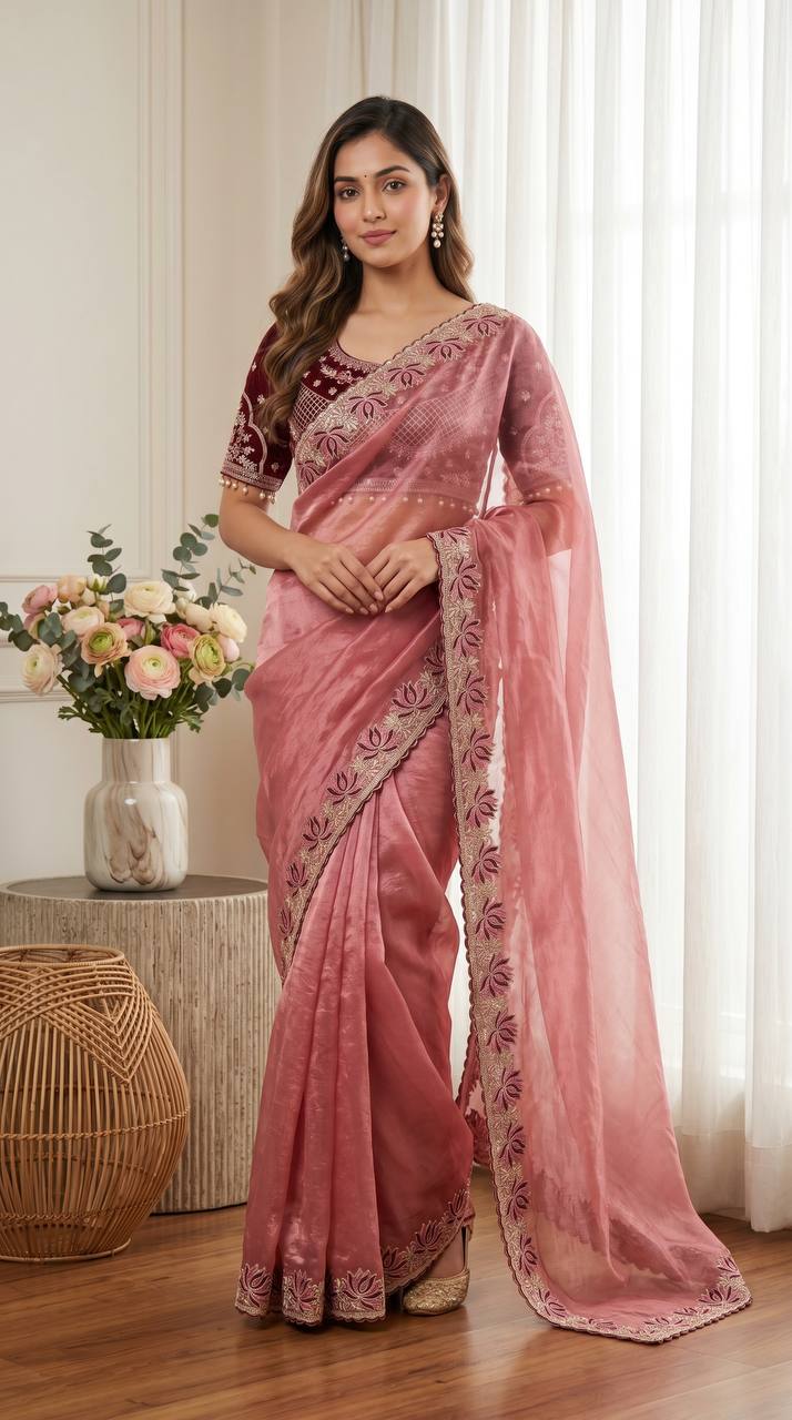 Royal Pink Tissue Silk Saree with Intricate Embroidered Border