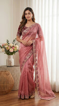 Royal Pink Tissue Silk Saree with Intricate Embroidered Border