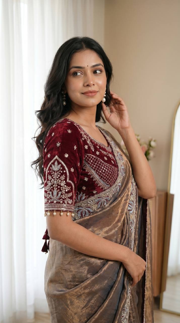 Royal Coffee Brown Tissue Silk Saree with Intricate Embroidered Border