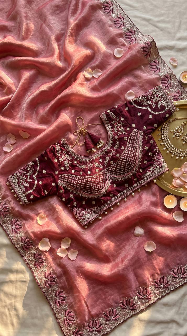 Royal Pink Tissue Silk Saree with Intricate Embroidered Border