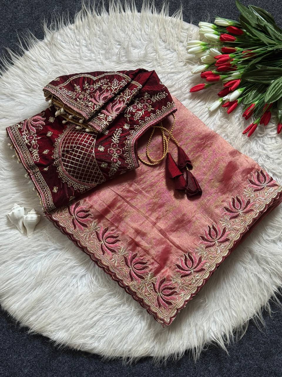 Royal Pink Tissue Silk Saree with Intricate Embroidered Border