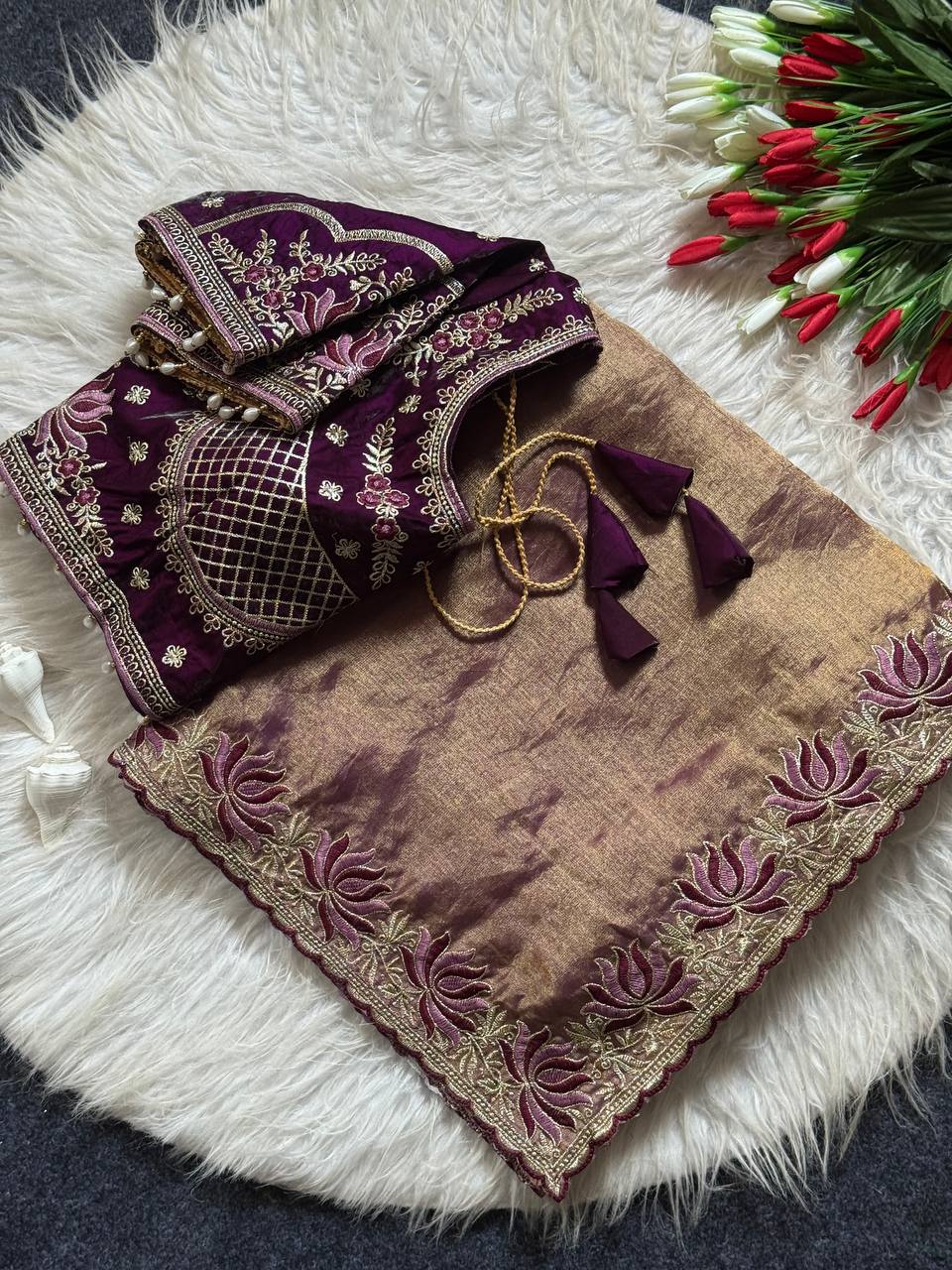 Royal Coffee Brown Tissue Silk Saree with Intricate Embroidered Border