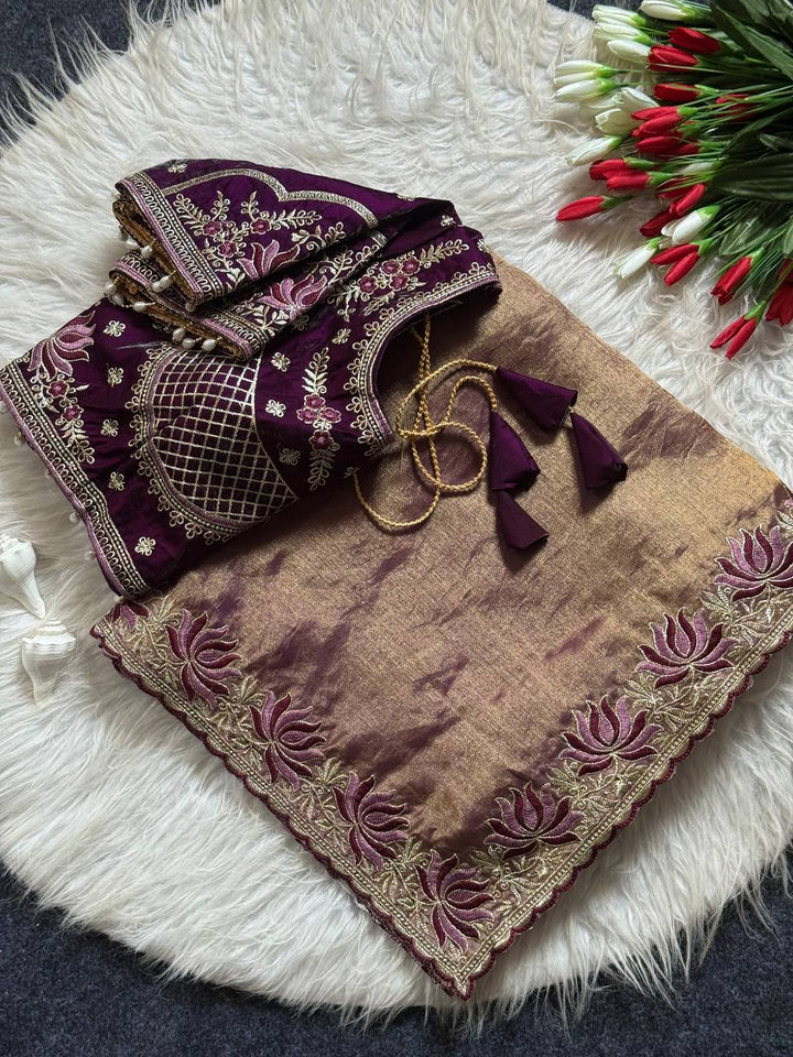 Royal Coffee Brown Tissue Silk Saree with Intricate Embroidered Border