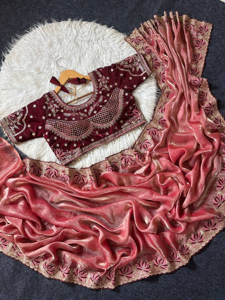 Royal Pink Tissue Silk Saree with Intricate Embroidered Border