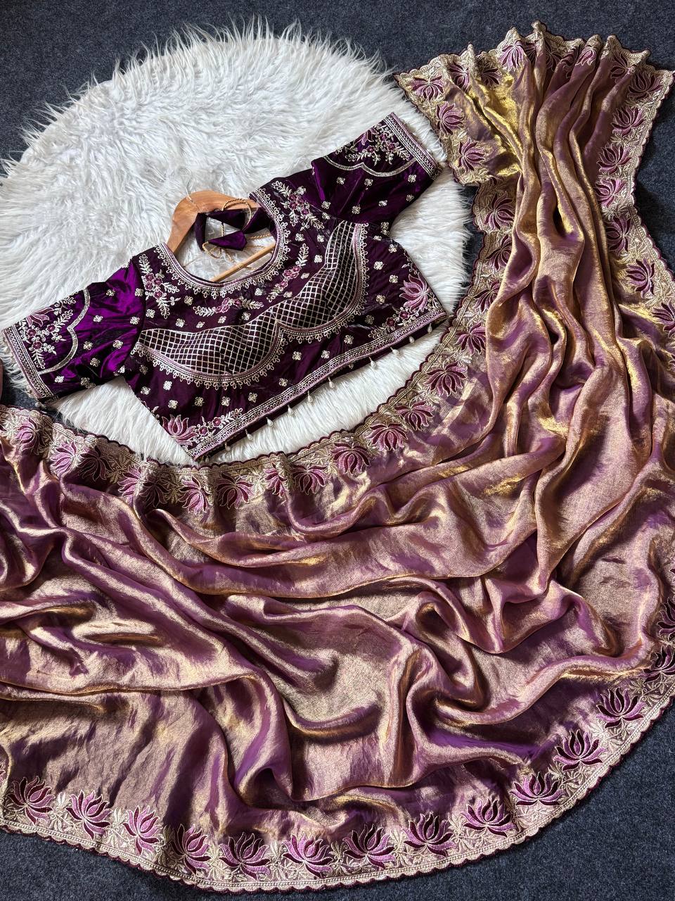 Royal Mauve Tissue Silk Saree with Intricate Embroidered Border