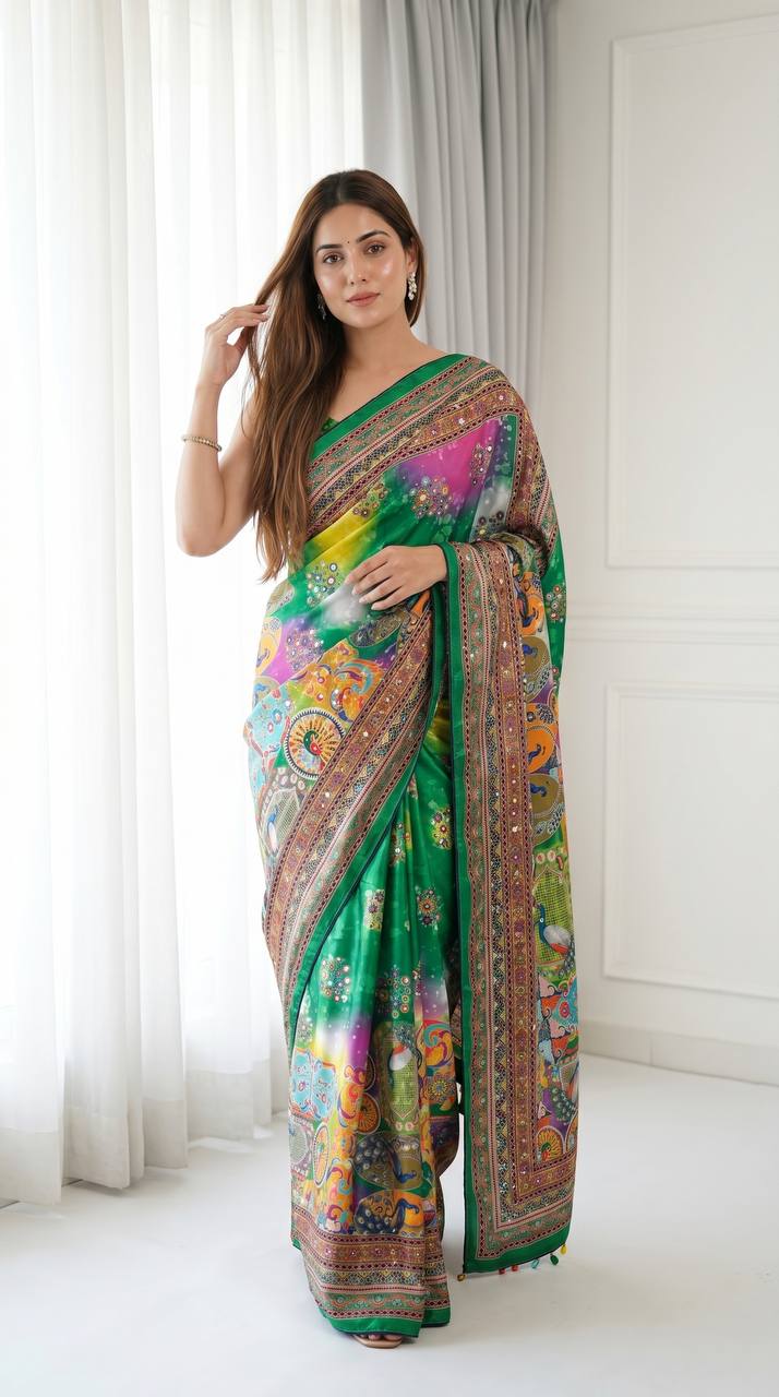 Emerald Radiance Digital Print Saree with Ornate Border &amp; Tassel Detailing - GREEN