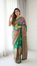 Emerald Radiance Digital Print Saree with Ornate Border & Tassel Detailing - GREEN