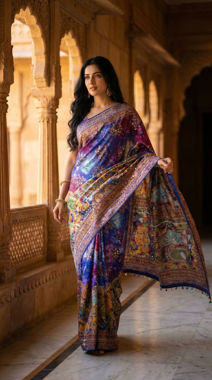 Emerald Radiance Digital Print Saree with Ornate Border &amp; Tassel Detailing - BLUE