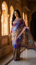 Emerald Radiance Digital Print Saree with Ornate Border & Tassel Detailing - BLUE