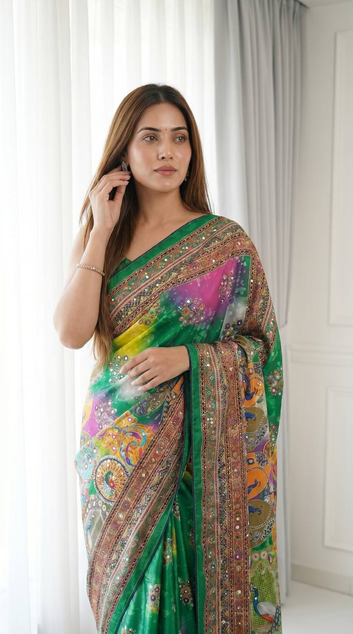 Emerald Radiance Digital Print Saree with Ornate Border &amp; Tassel Detailing - GREEN