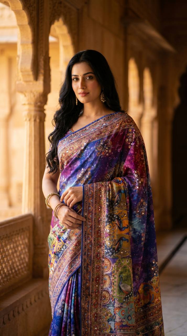 Emerald Radiance Digital Print Saree with Ornate Border &amp; Tassel Detailing - BLUE
