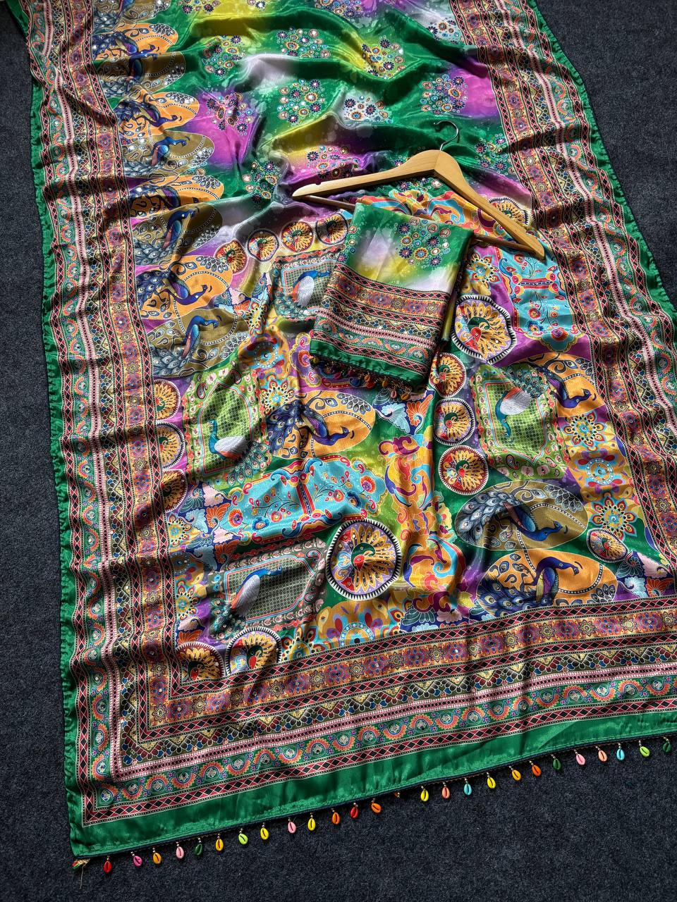 Emerald Radiance Digital Print Saree with Ornate Border &amp; Tassel Detailing - GREEN