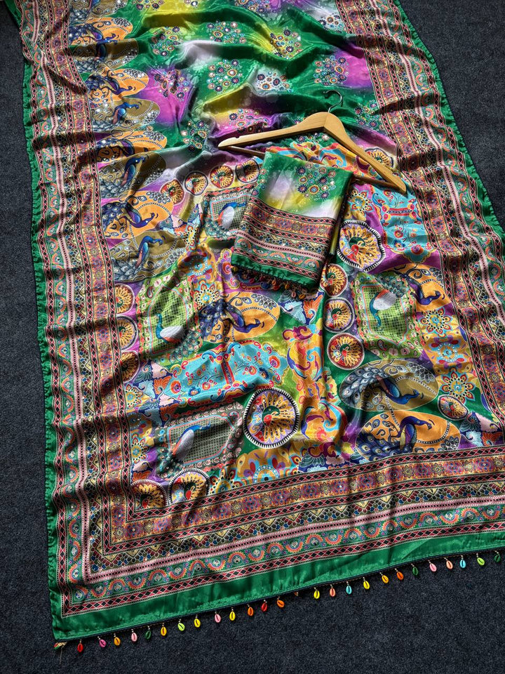 Emerald Radiance Digital Print Saree with Ornate Border &amp; Tassel Detailing - GREEN