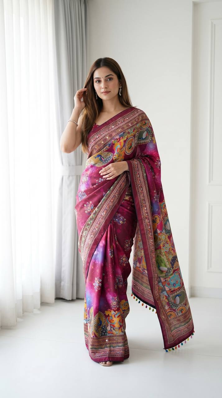 Emerald Radiance Digital Print Saree with Ornate Border &amp; Tassel Detailing - PINK