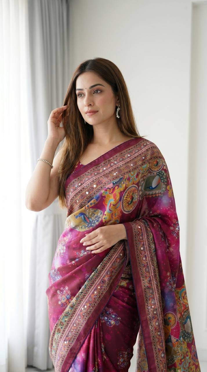 Emerald Radiance Digital Print Saree with Ornate Border &amp; Tassel Detailing - PINK