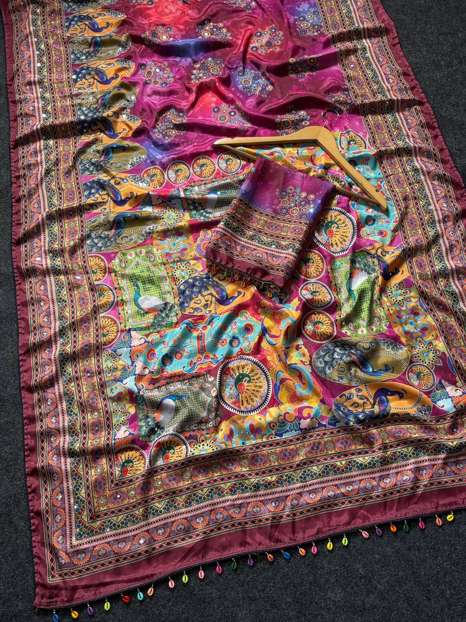 Emerald Radiance Digital Print Saree with Ornate Border &amp; Tassel Detailing - PINK