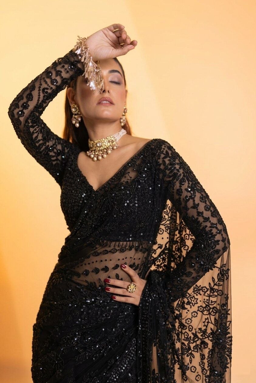 Luxury Black Sequin Embroidered Net Saree with Designer Blouse