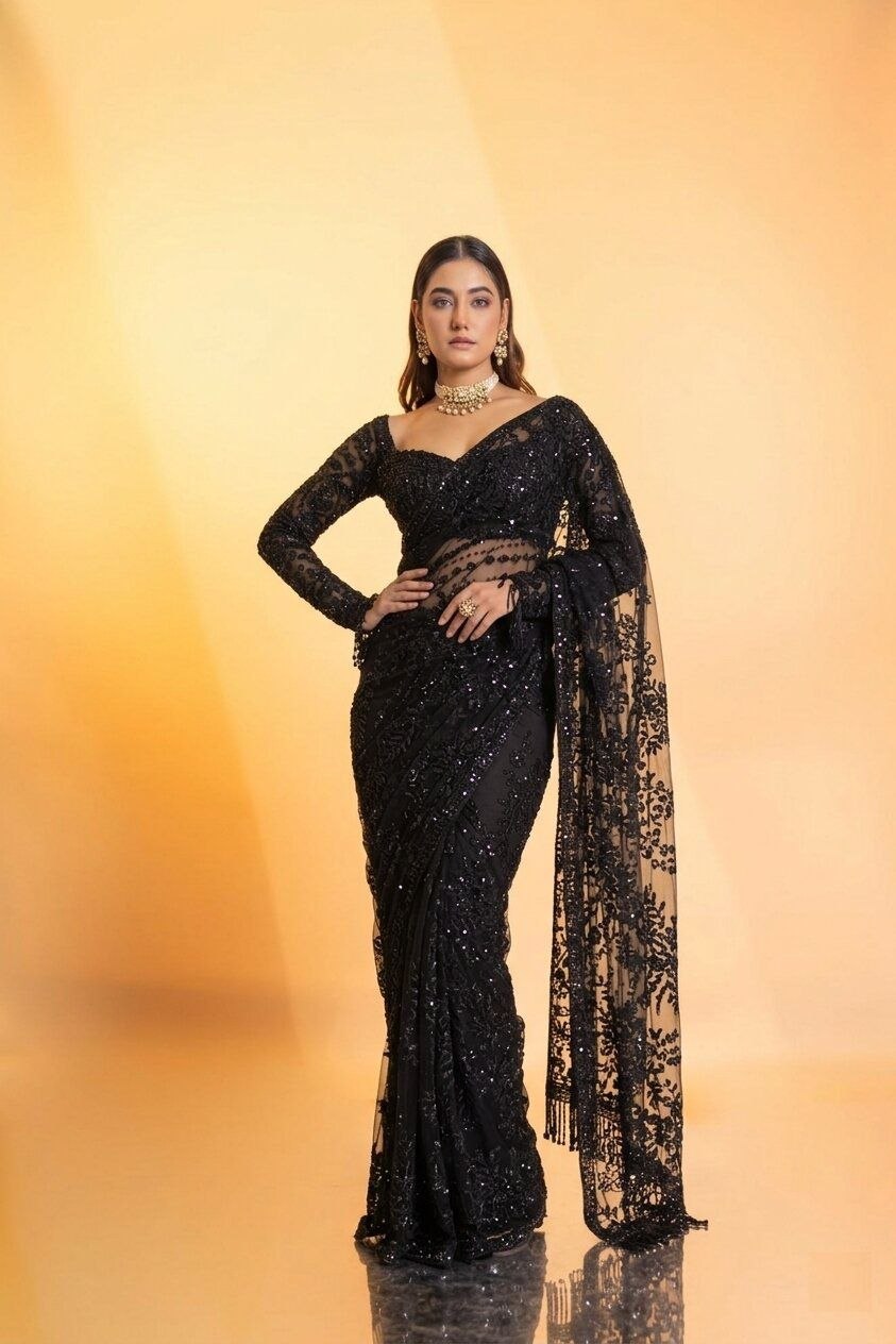 Luxury Black Sequin Embroidered Net Saree with Designer Blouse