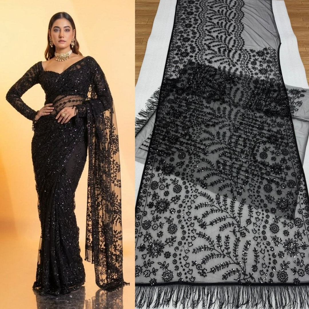 Luxury Black Sequin Embroidered Net Saree with Designer Blouse