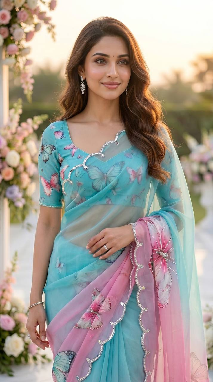 Butterfly Bloom Aqua Organza Saree with Floral Digital Print &amp; Scallop Sequin Border