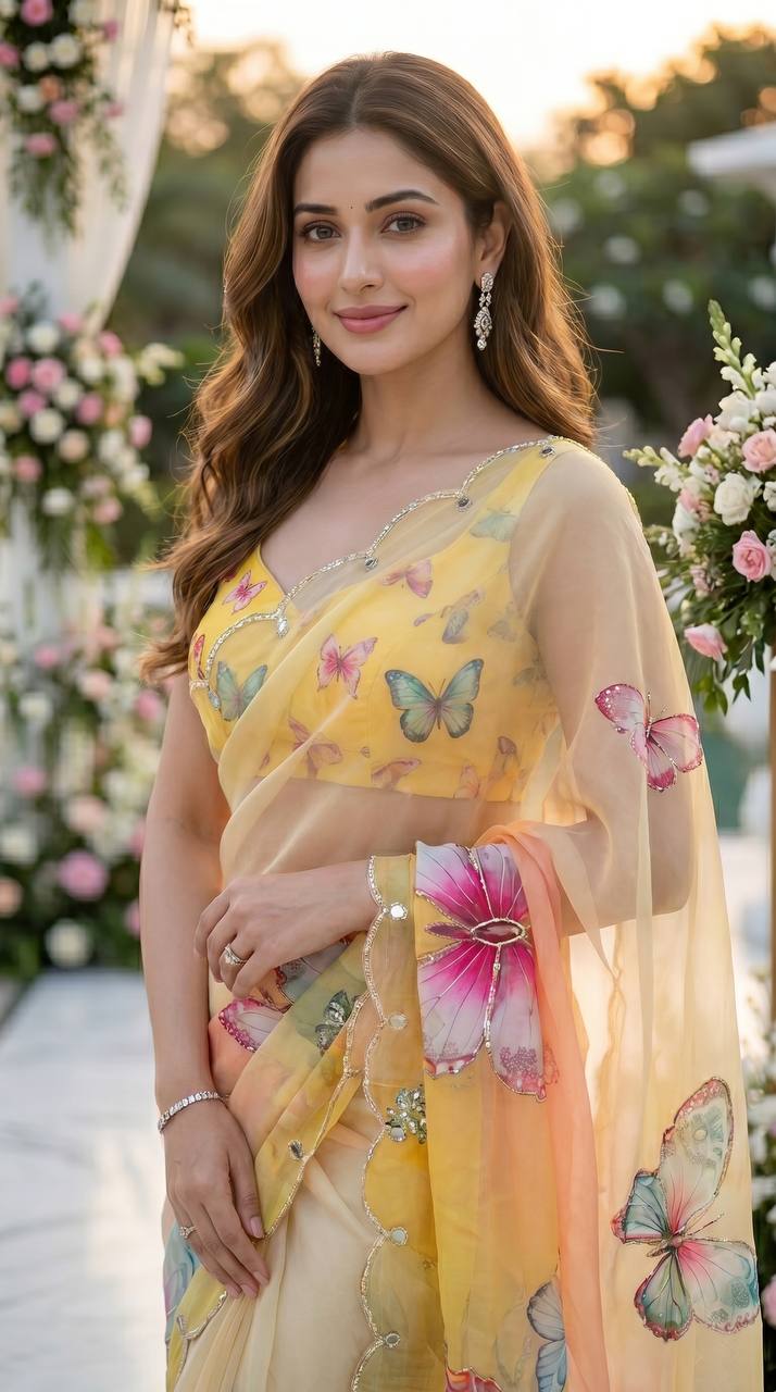 Butterfly Bloom Yellow Organza Saree with Floral Digital Print &amp; Scallop Sequin Border