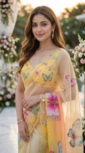 Butterfly Bloom Yellow Organza Saree with Floral Digital Print & Scallop Sequin Border