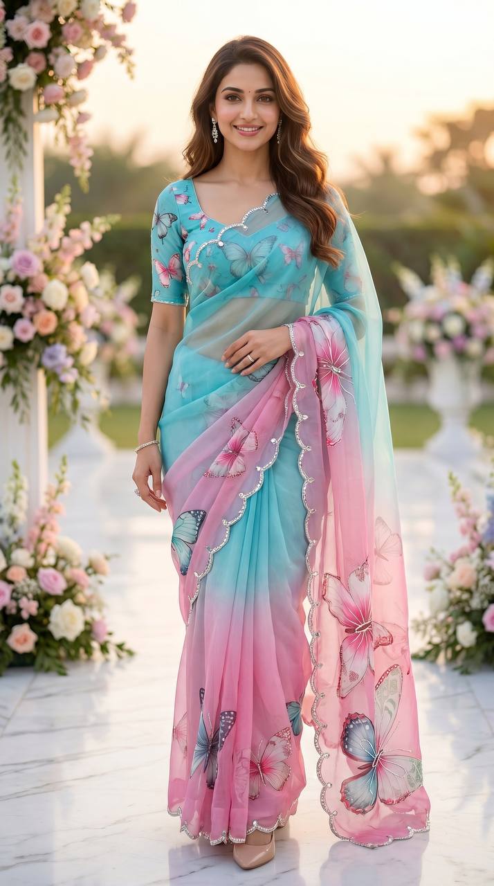 Butterfly Bloom Aqua Organza Saree with Floral Digital Print &amp; Scallop Sequin Border